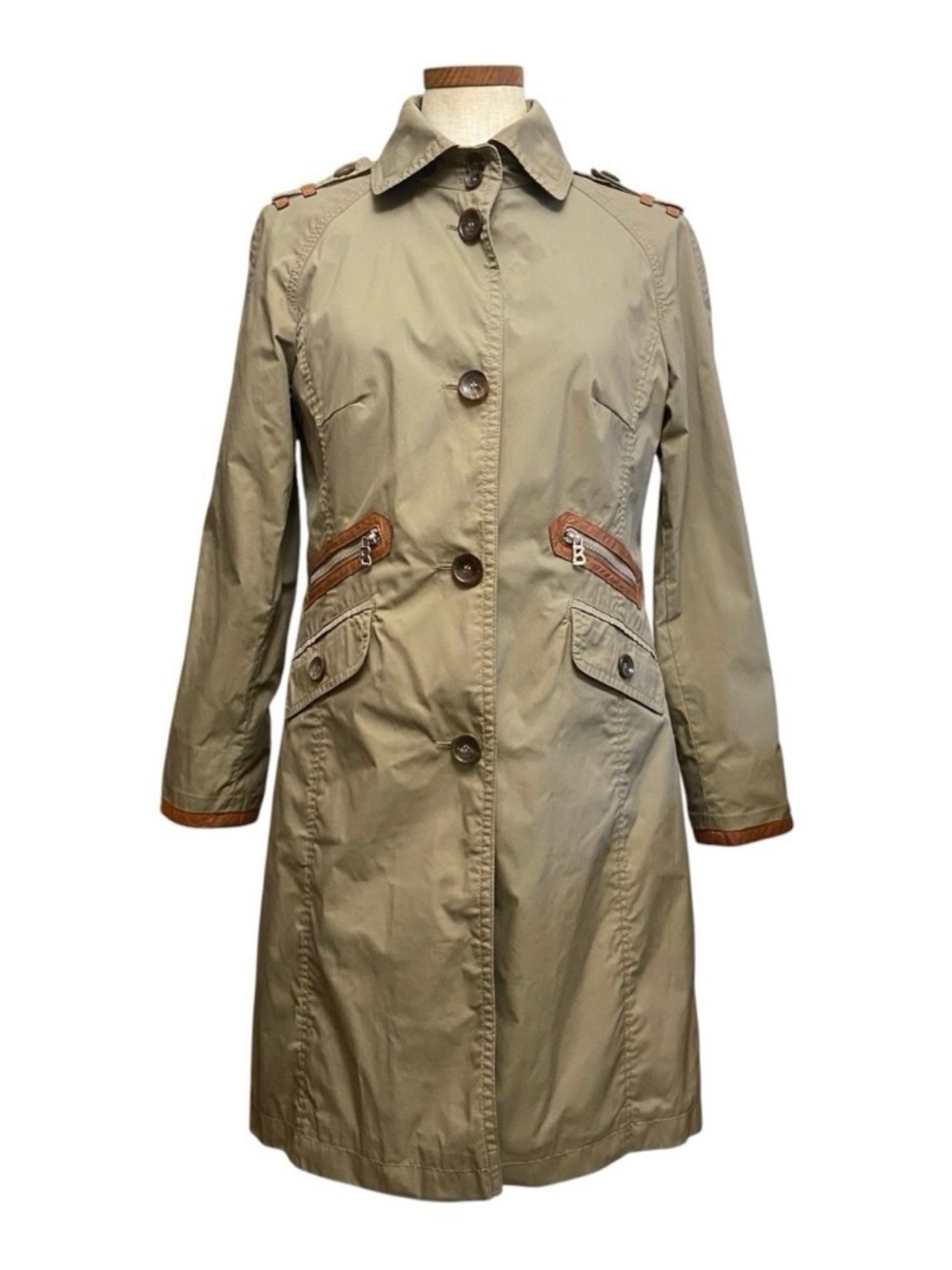 Bogner X Limonta Leather Trim Trench Coat Jacket 10 Utility Chic